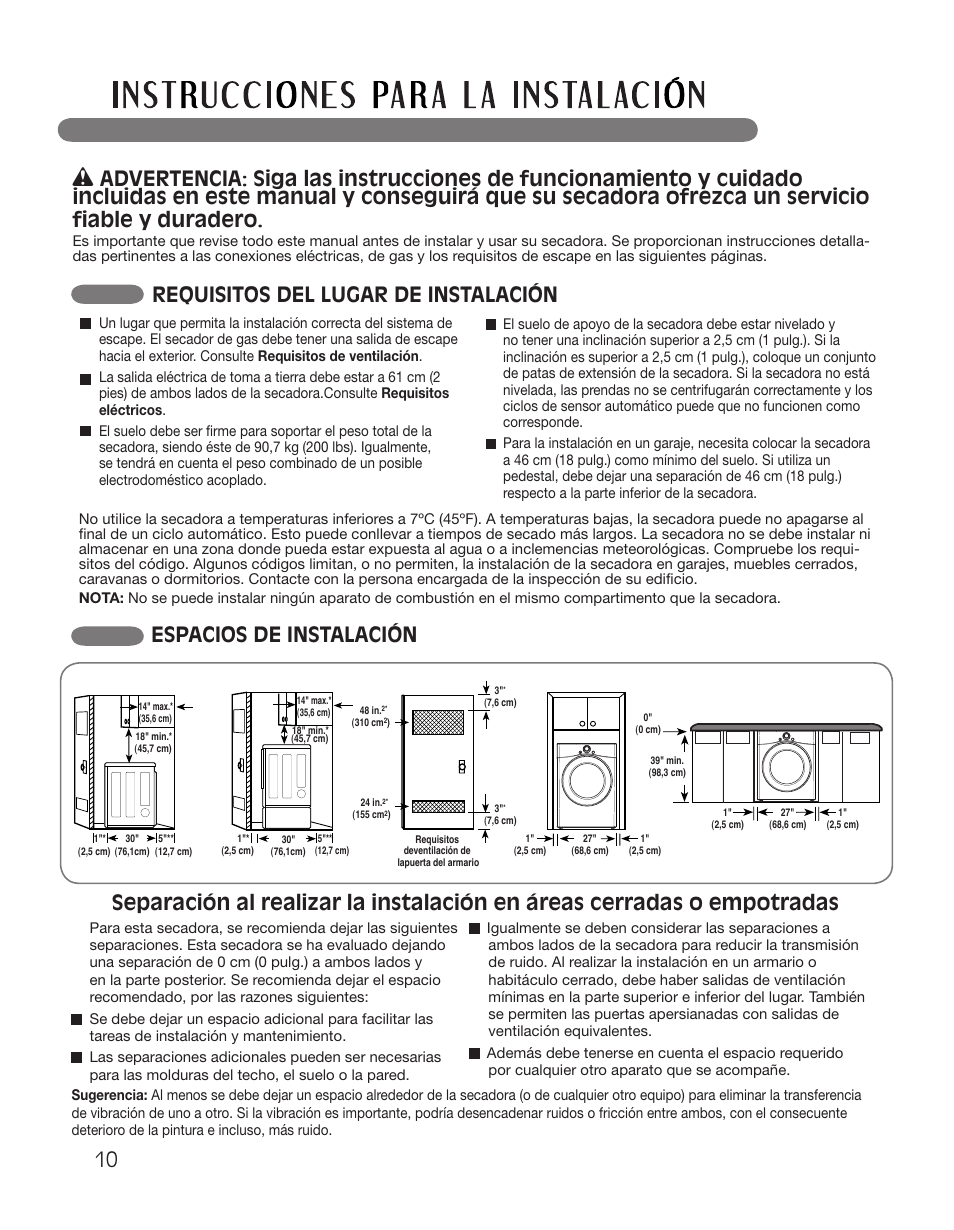 Espacios de instalación, Requisitos del lugar de instalación | LG DLGX2551W User Manual | Page 60 / 148