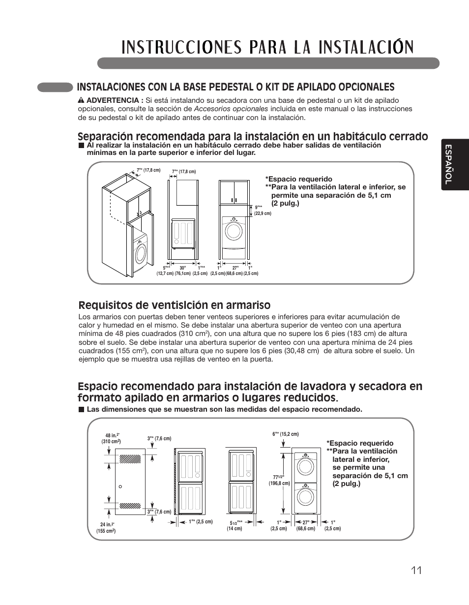 Requisitos de ventislción en armariso, Esp anol | LG DLGX2551W User Manual | Page 61 / 148