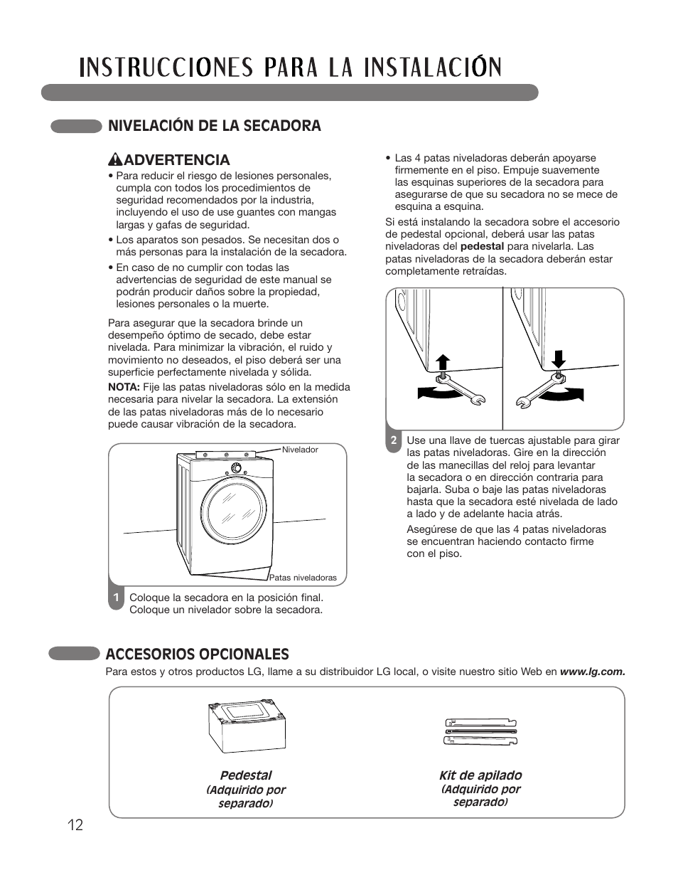 Nivelación de la secadora, Advertencia, 12 accesorios opcionales | LG DLGX2551W User Manual | Page 62 / 148