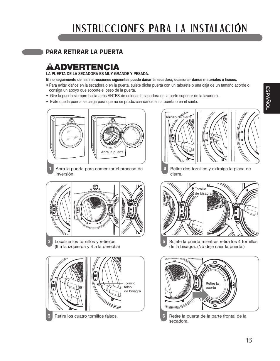 Wadvertencia, Para retirar la puerta | LG DLGX2551W User Manual | Page 63 / 148