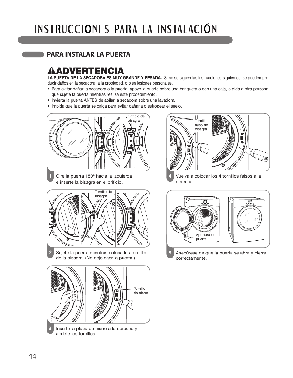 Wadvertencia, Para instalar la puerta | LG DLGX2551W User Manual | Page 64 / 148