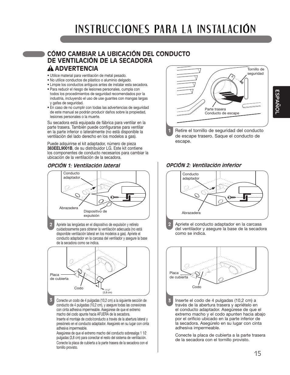 Advertencia, Esp anol, Opción 1: ventilación lateral | Opción 2: ventilación inferior | LG DLGX2551W User Manual | Page 65 / 148