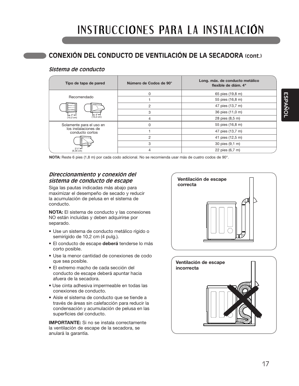 Esp anol, Sistema de conducto | LG DLGX2551W User Manual | Page 67 / 148