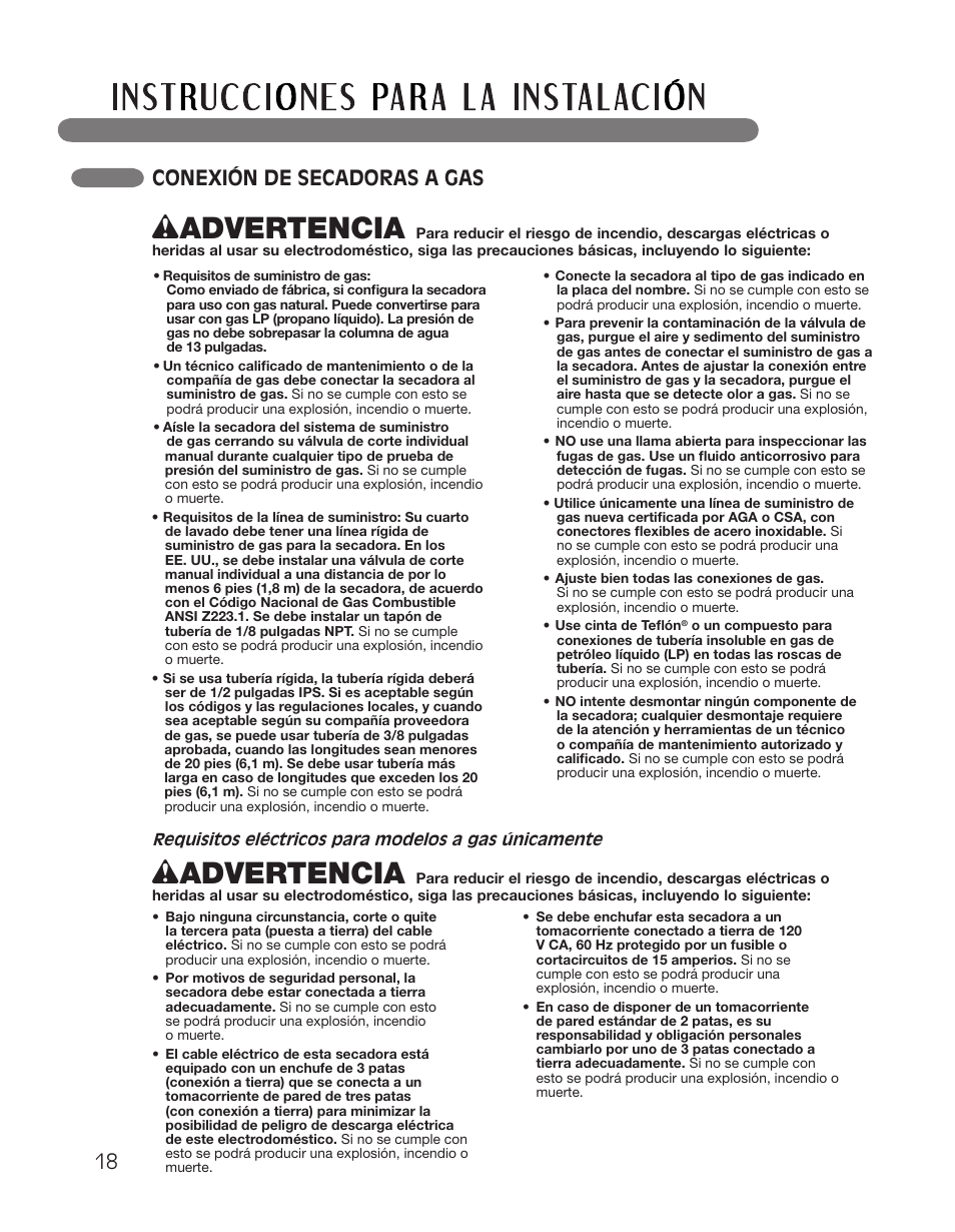 Wadvertencia, Conexión de secadoras a gas | LG DLGX2551W User Manual | Page 68 / 148