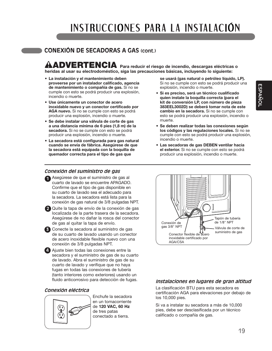 Wadvertencia, Conexión de secadoras a gas | LG DLGX2551W User Manual | Page 69 / 148