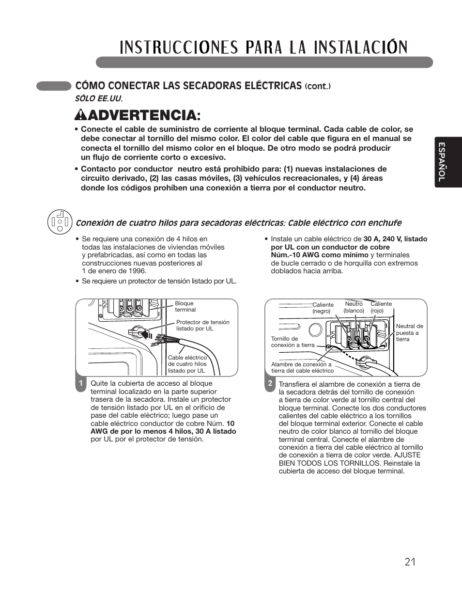 Wadvertencia, Cómo conectar las secadoras eléctricas | LG DLGX2551W User Manual | Page 71 / 148