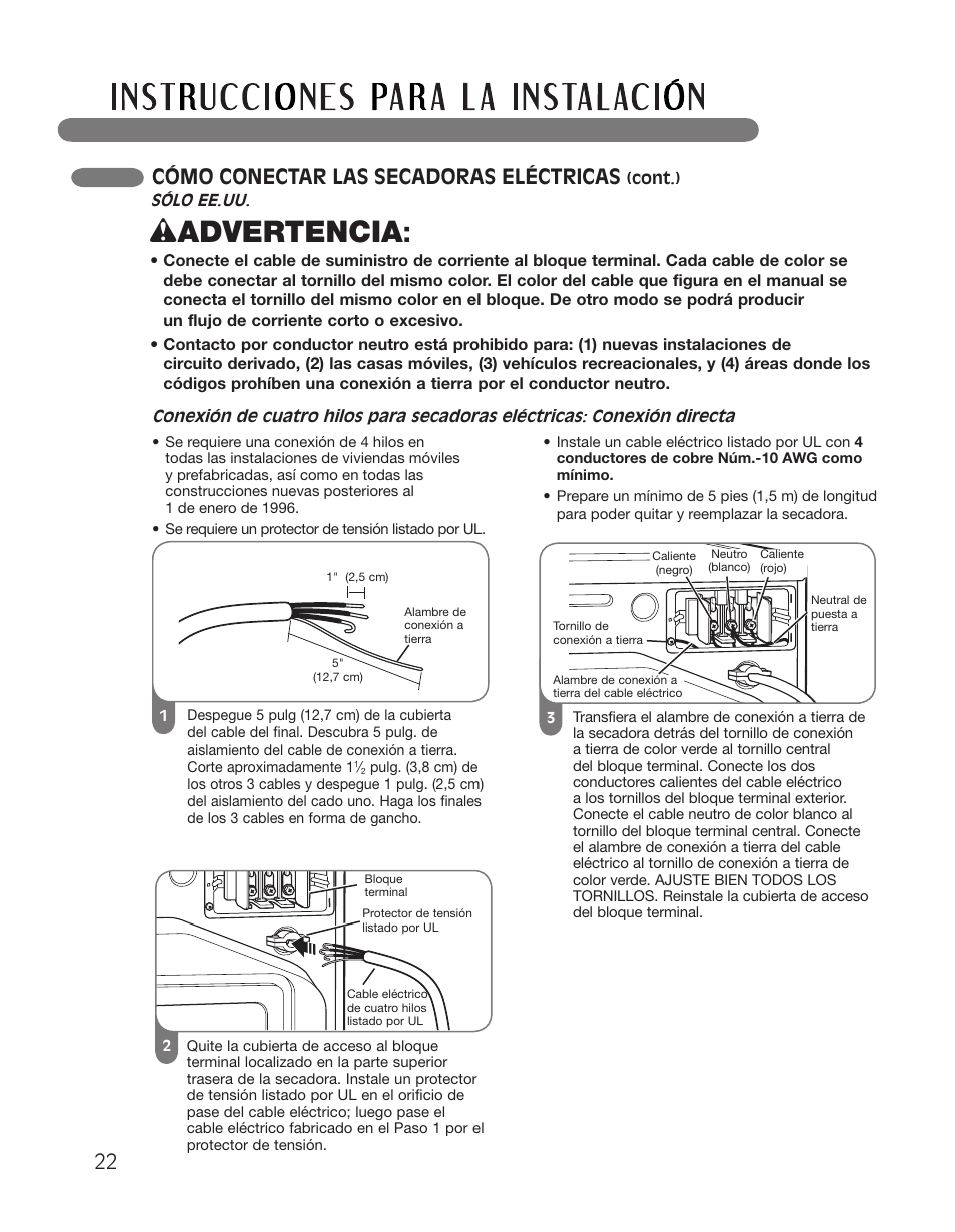 Wadvertencia, 22 cómo conectar las secadoras eléctricas | LG DLGX2551W User Manual | Page 72 / 148