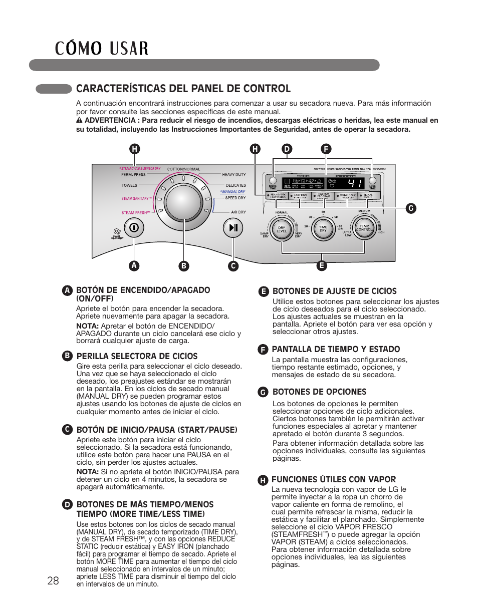 Características del panel de control | LG DLGX2551W User Manual | Page 78 / 148