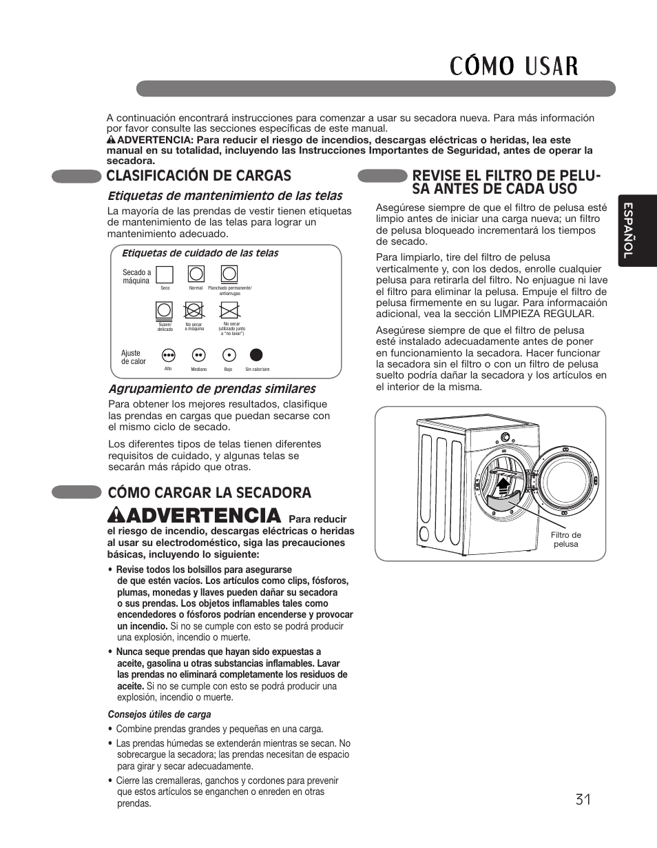 W advertencia, Clasificación de cargas, Cómo cargar la secadora | Revise el filtro de pelu- sa antes de cada uso | LG DLGX2551W User Manual | Page 81 / 148