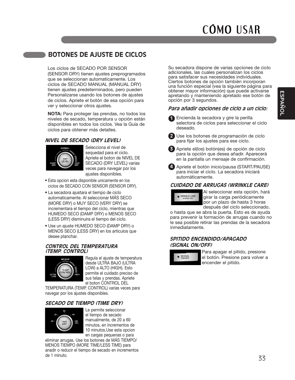 Botones de ajuste de ciclos | LG DLGX2551W User Manual | Page 83 / 148