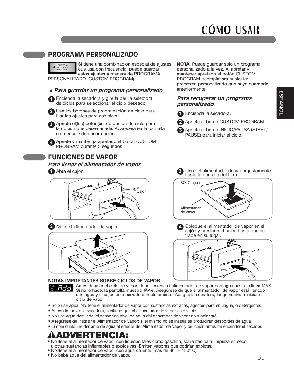 Wadvertencia, Programa personalizado, Funciones de vapor | LG DLGX2551W User Manual | Page 85 / 148
