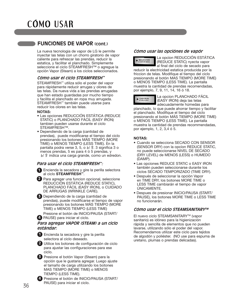 Funciones de vapor | LG DLGX2551W User Manual | Page 86 / 148