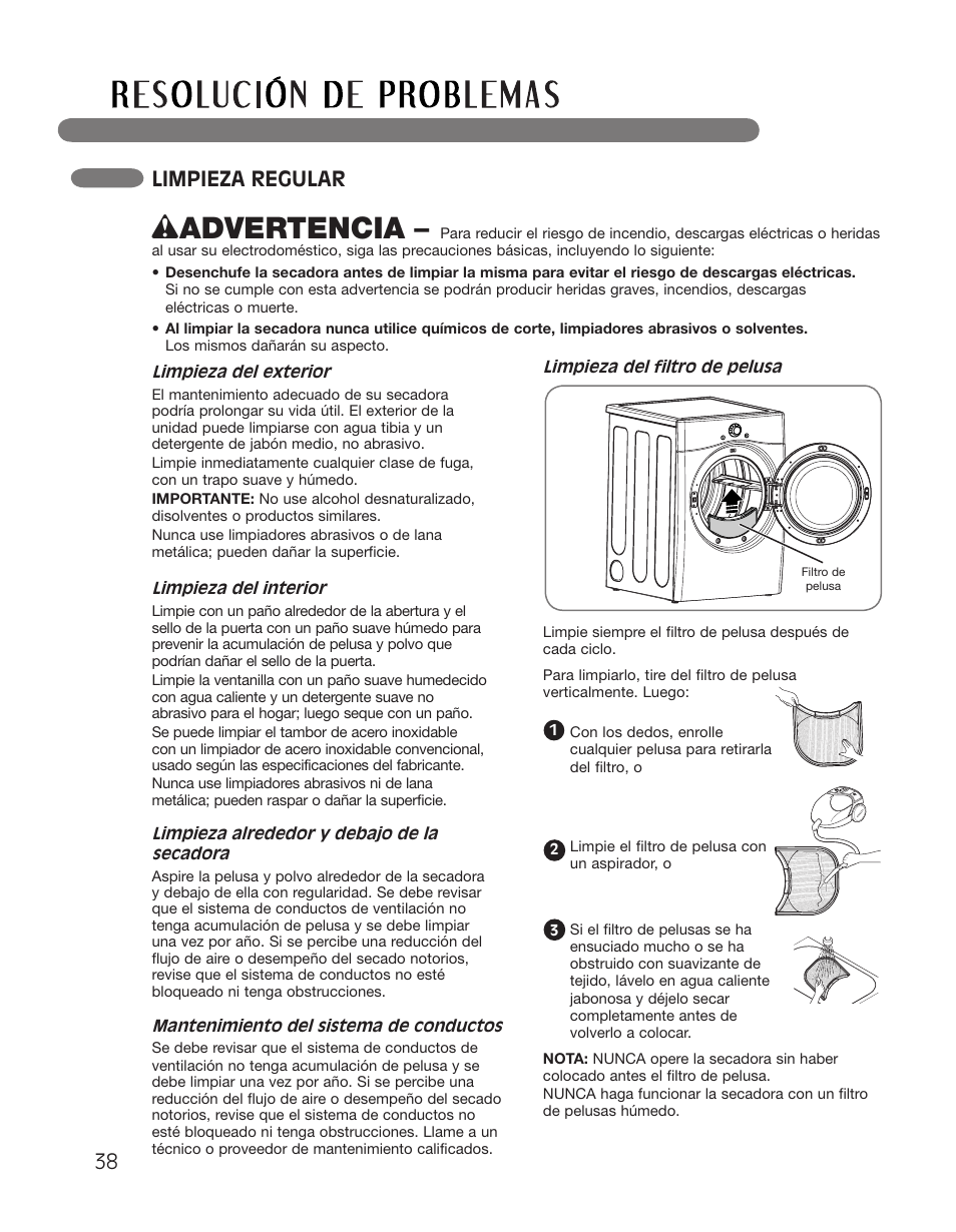Wadvertencia, Limpieza regular | LG DLGX2551W User Manual | Page 88 / 148