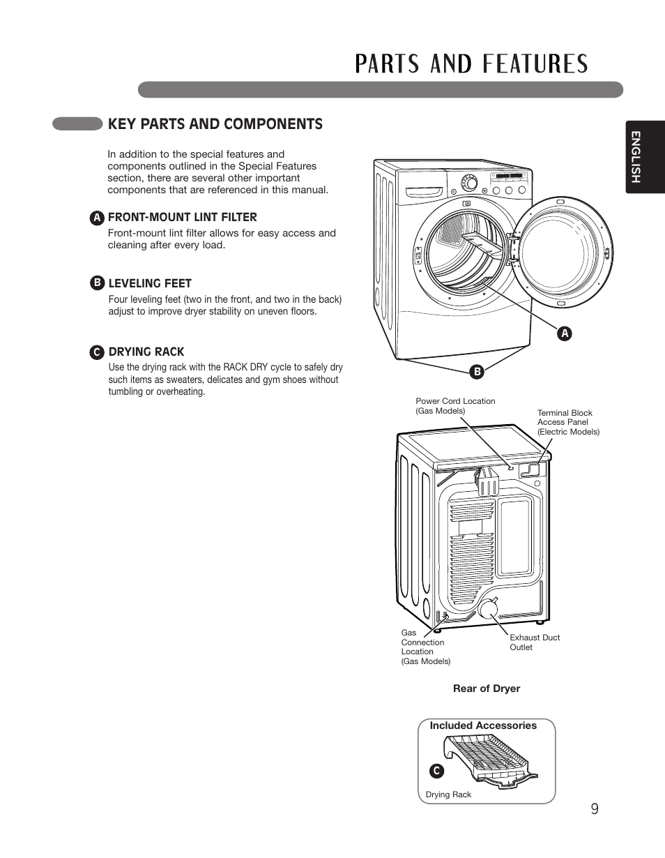 Key parts and components | LG DLGX2551W User Manual | Page 9 / 148
