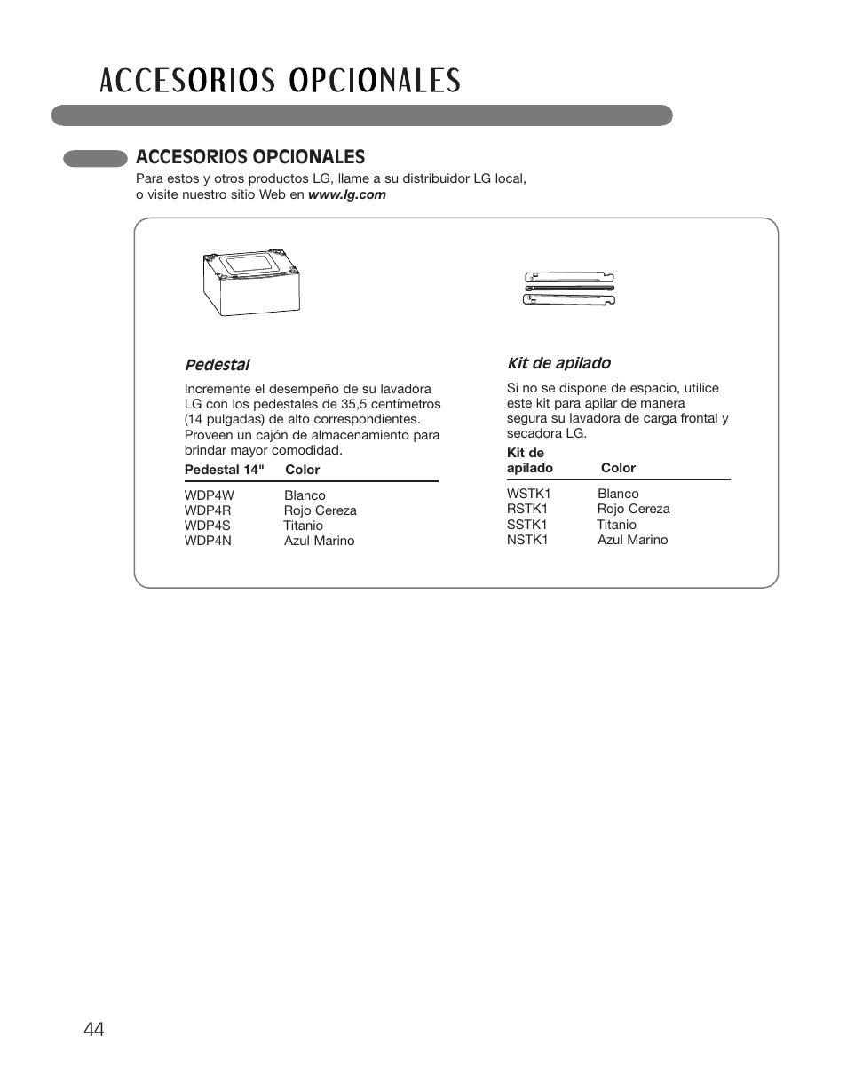 Accesorios opcionales | LG DLGX2551W User Manual | Page 94 / 148