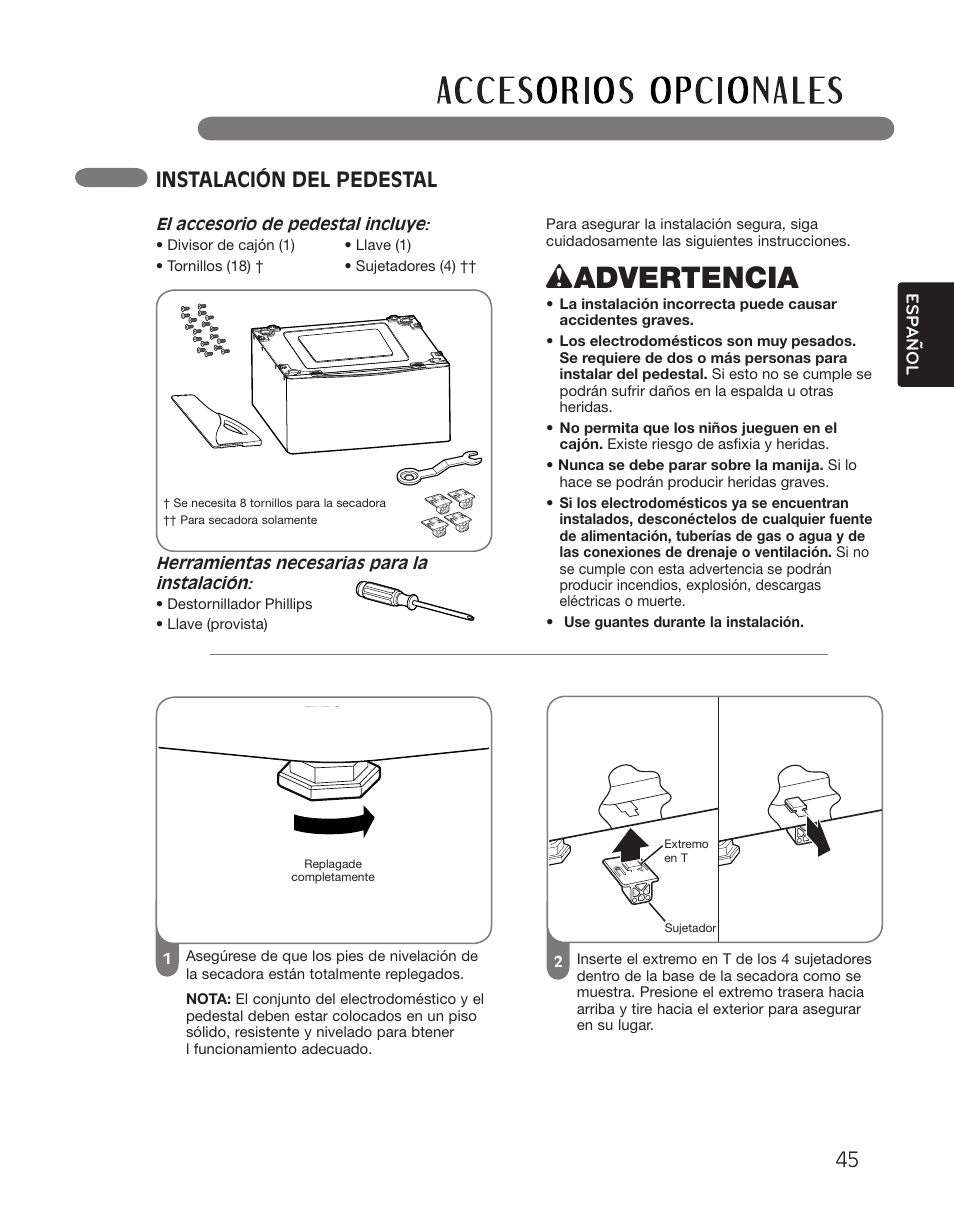 Wadvertencia, Instalación del pedestal | LG DLGX2551W User Manual | Page 95 / 148