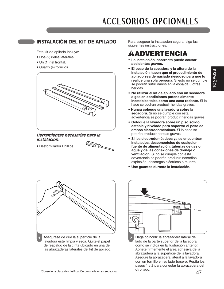 Wadvertencia, Instalación del kit de apilado | LG DLGX2551W User Manual | Page 97 / 148