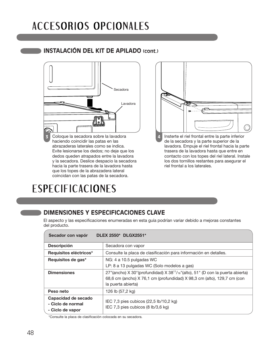 48 instalación del kit de apilado, Dimensiones y especificaciones clave | LG DLGX2551W User Manual | Page 98 / 148