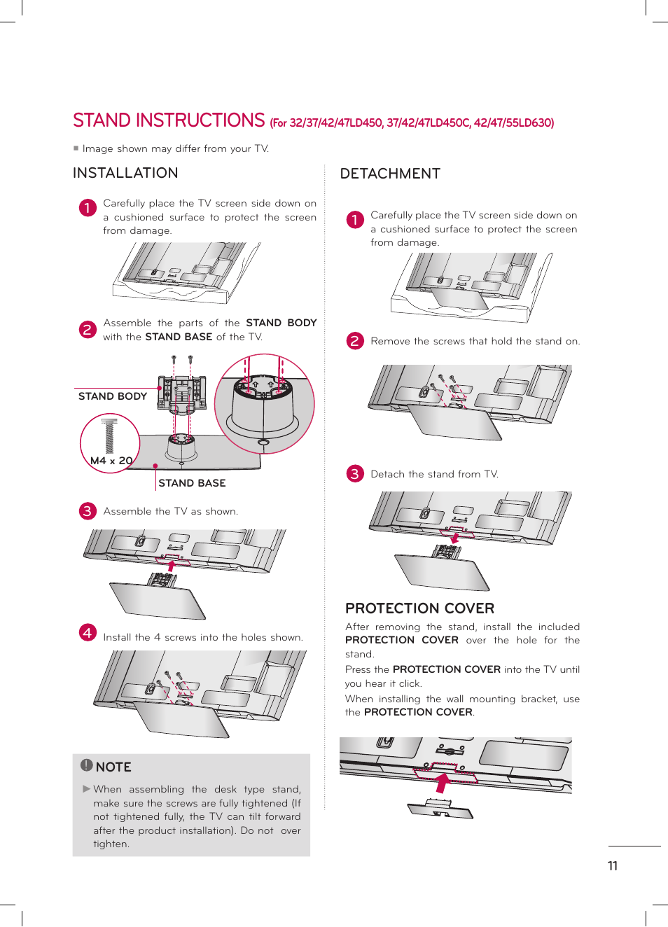 Stand instructions, Installation detachment, Protection cover | LG 47LD520 User Manual | Page 13 / 38