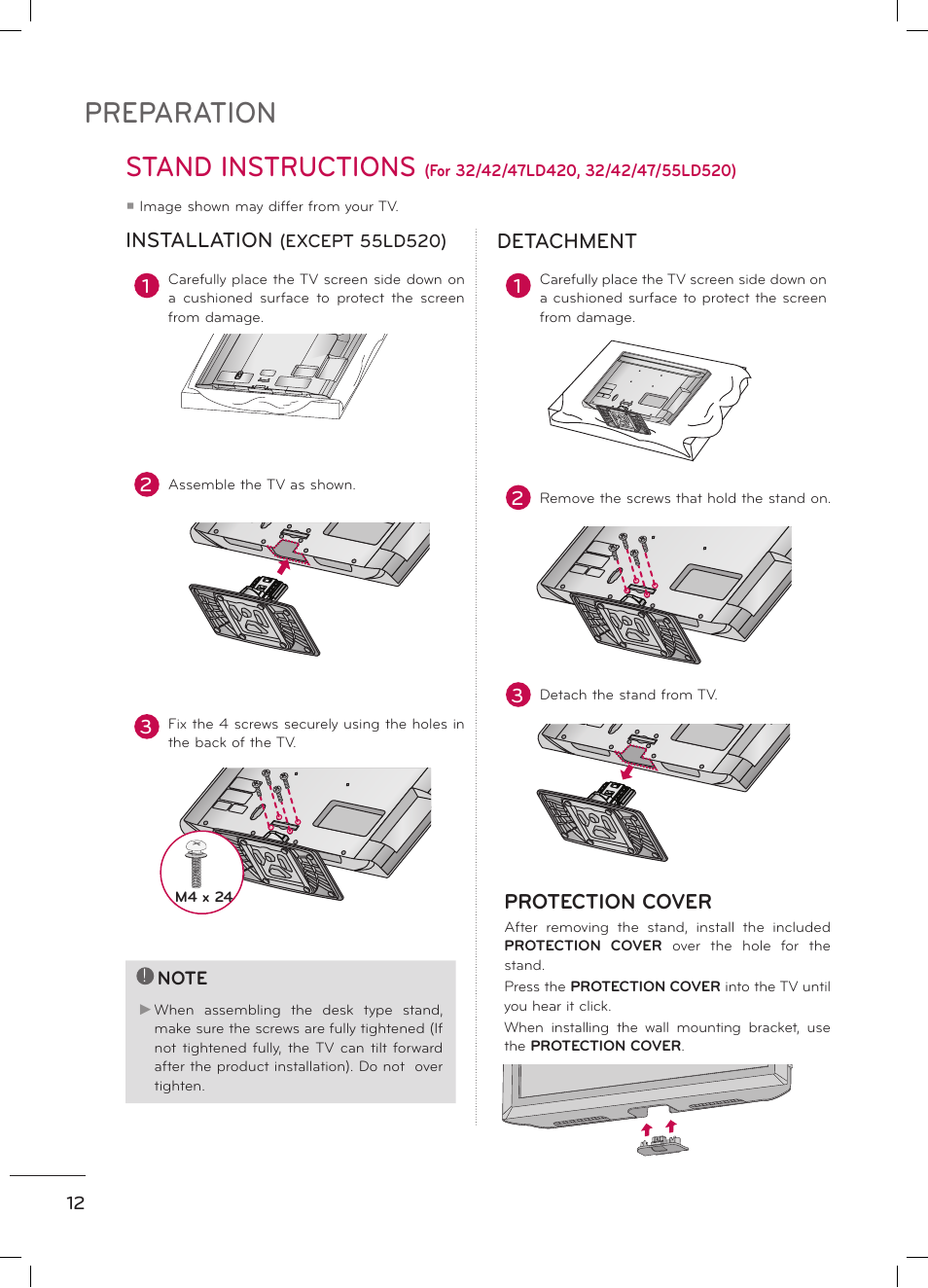 Preparation, Stand instructions, Installation | Detachment, Protection cover | LG 47LD520 User Manual | Page 14 / 38