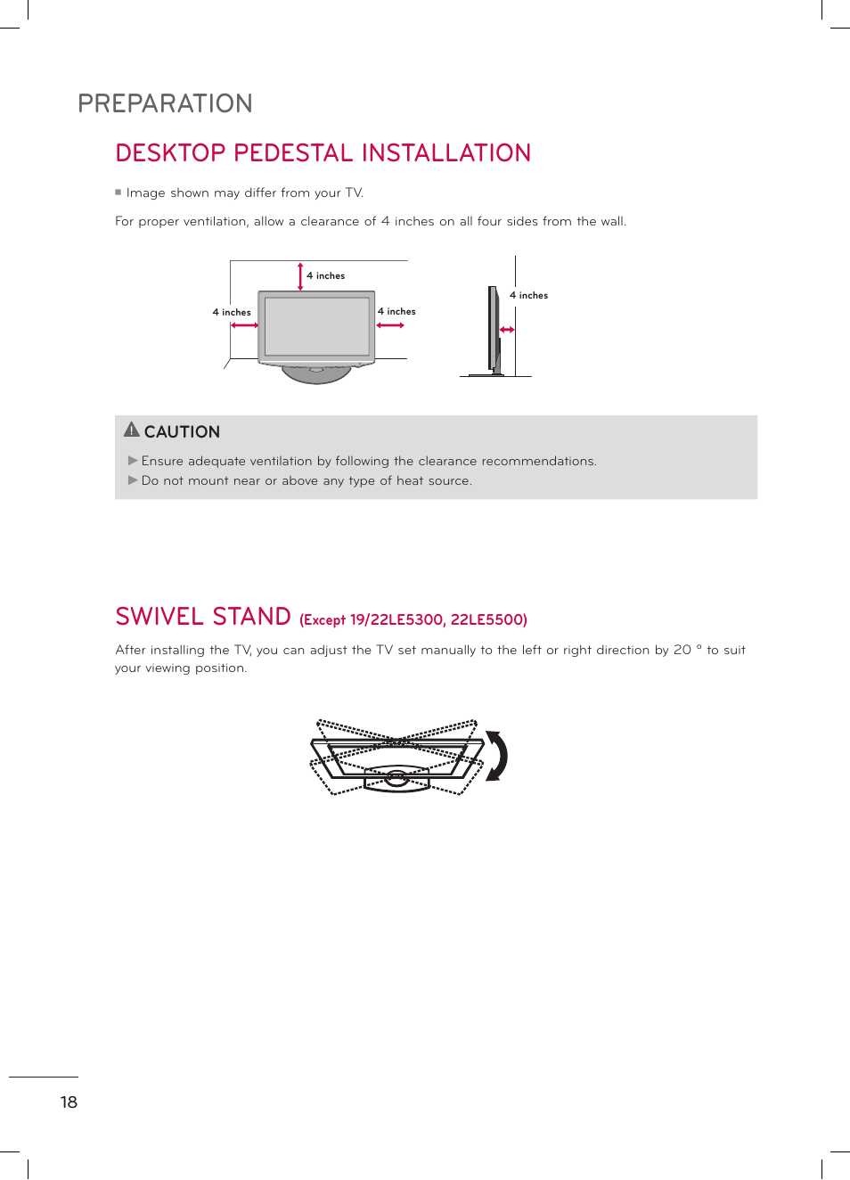 Preparation, Desktop pedestal installation swivel stand | LG 47LD520 User Manual | Page 20 / 38