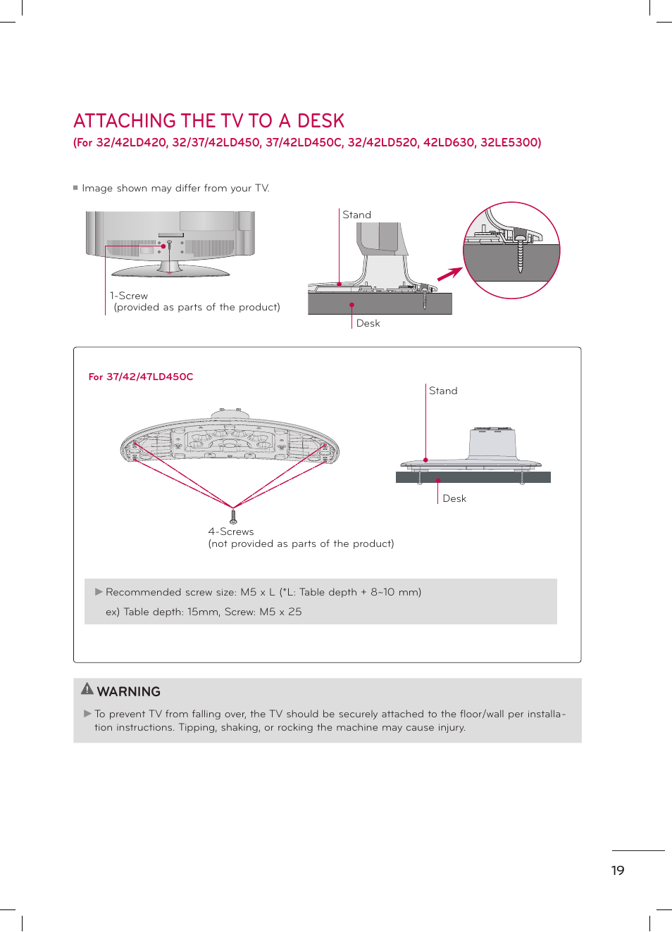 Attaching the tv to a desk, Warning | LG 47LD520 User Manual | Page 21 / 38
