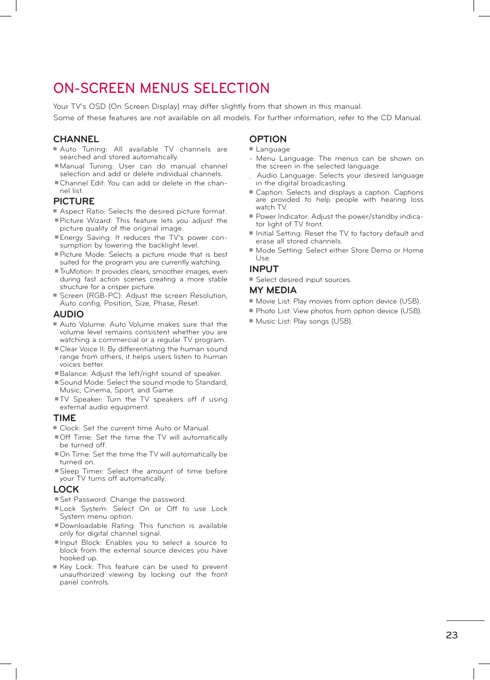 On-screen menus selection, Channel, Picture | Audio, Time, Lock, Option, Input, My media | LG 47LD520 User Manual | Page 25 / 38