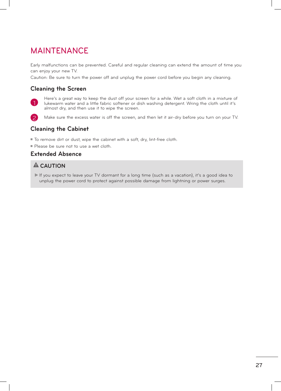 Maintenance, Cleaning the screen, Cleaning the cabinet | Extended absence | LG 47LD520 User Manual | Page 29 / 38