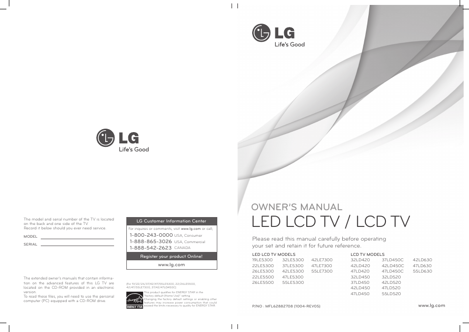 Led lcd tv / lcd tv, Owner’s manual | LG 47LD520 User Manual | Page 3 / 38