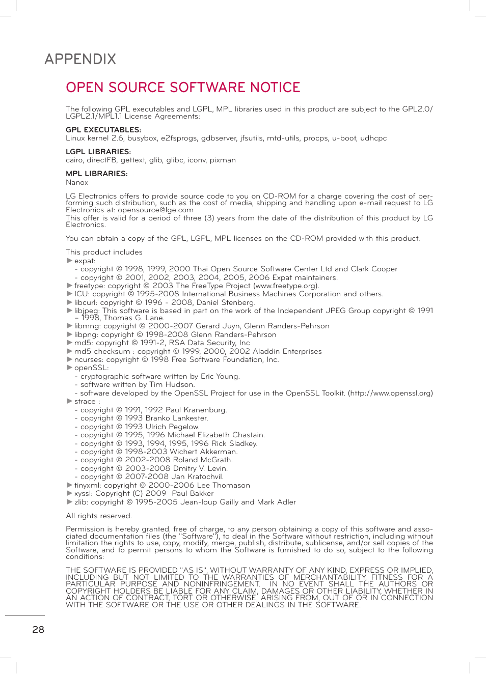 Appendix, Open source software notice | LG 47LD520 User Manual | Page 30 / 38