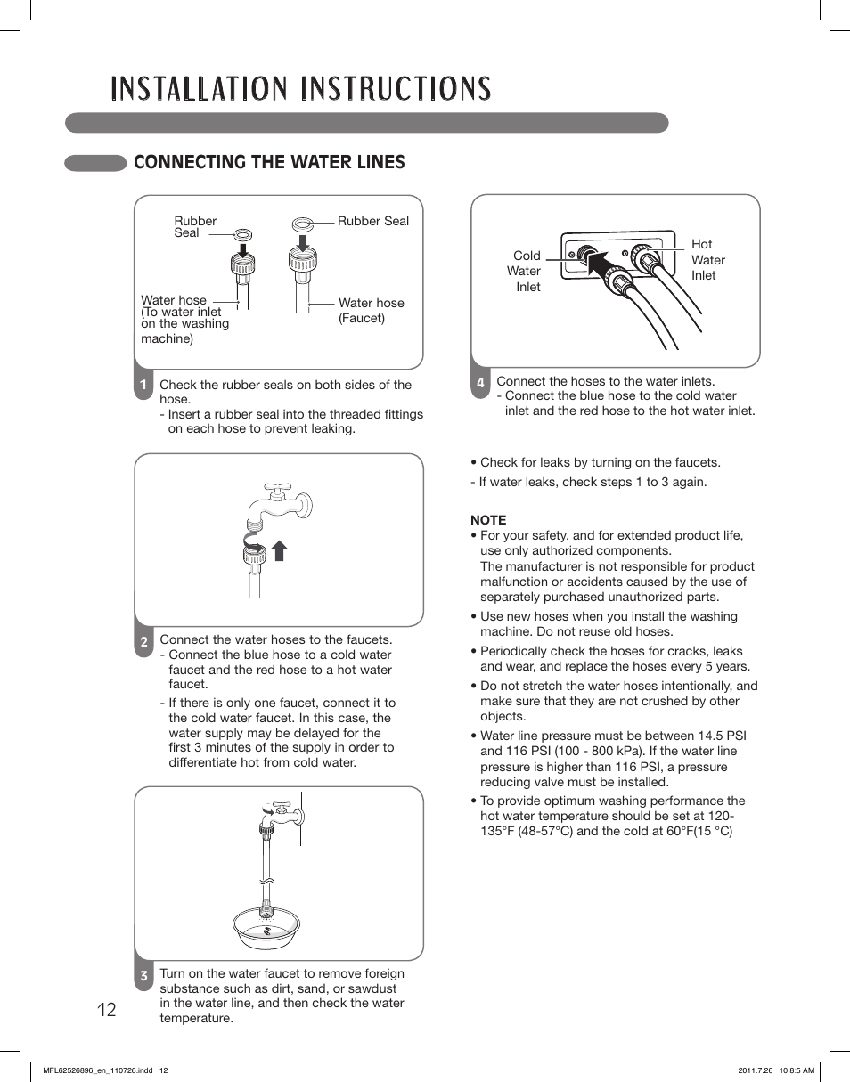 Connecting the water lines | LG WM3360HVCA User Manual | Page 12 / 72
