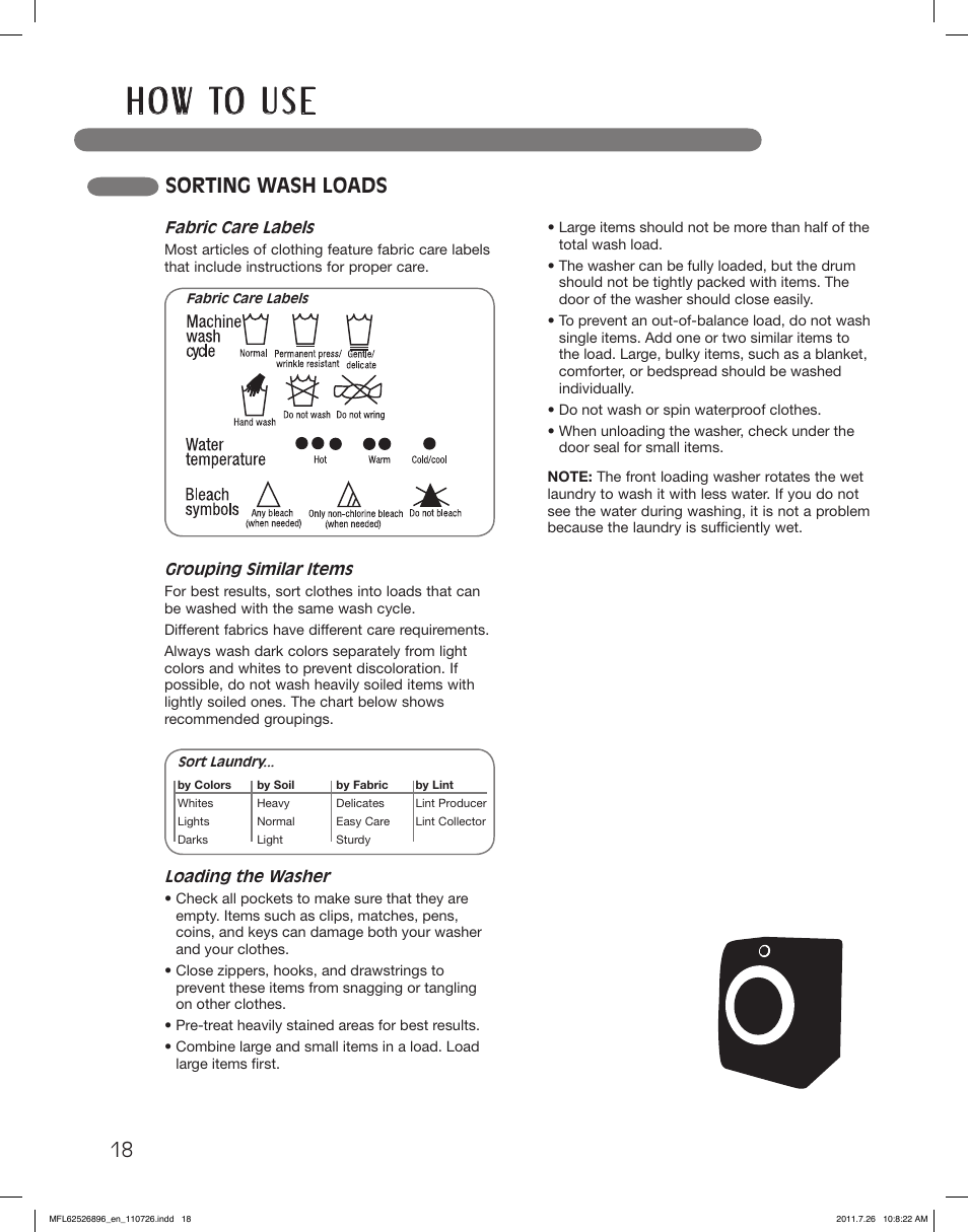 H o w to u s e, Sorting wash loads | LG WM3360HVCA User Manual | Page 18 / 72