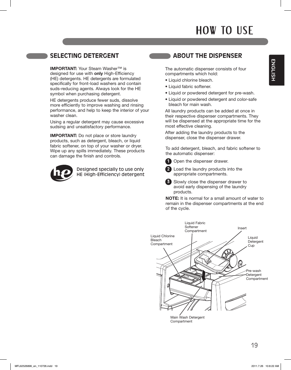 H o w to u s e, Selecting detergent about the dispenser | LG WM3360HVCA User Manual | Page 19 / 72