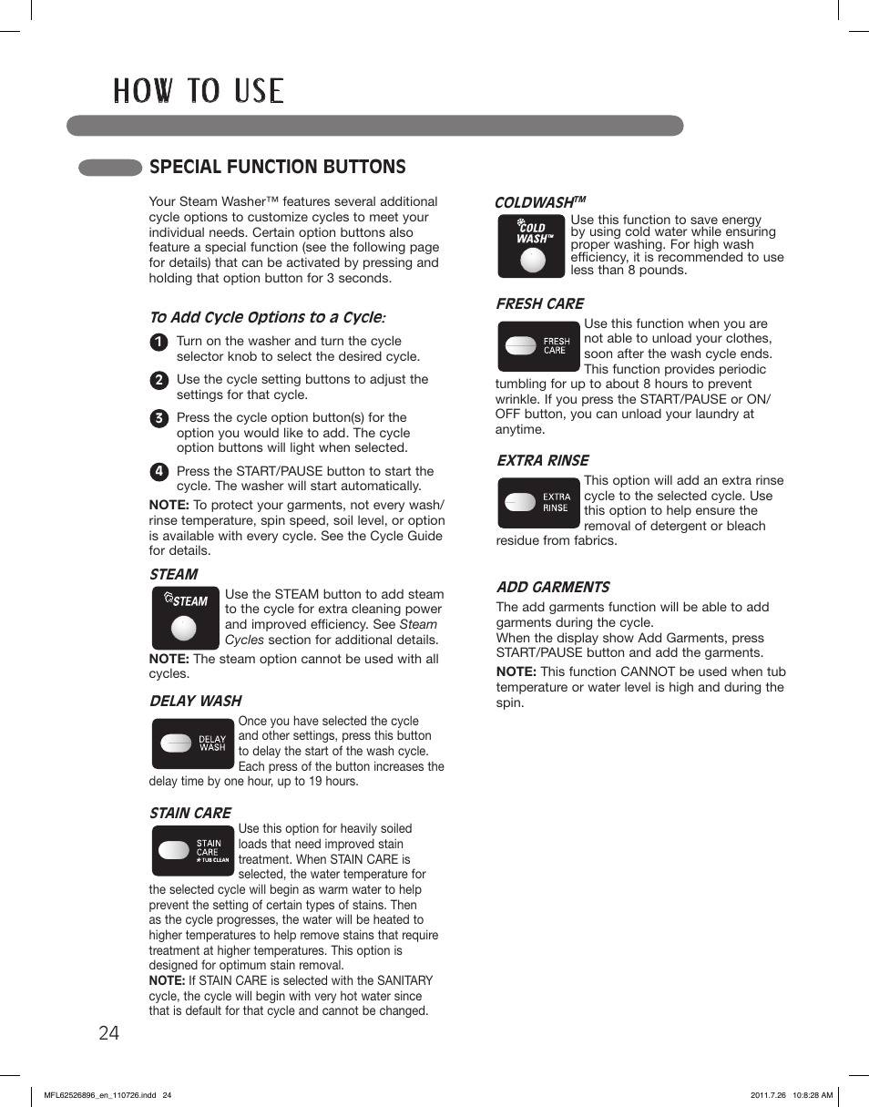 H o w to u s e, Special function buttons | LG WM3360HVCA User Manual | Page 24 / 72