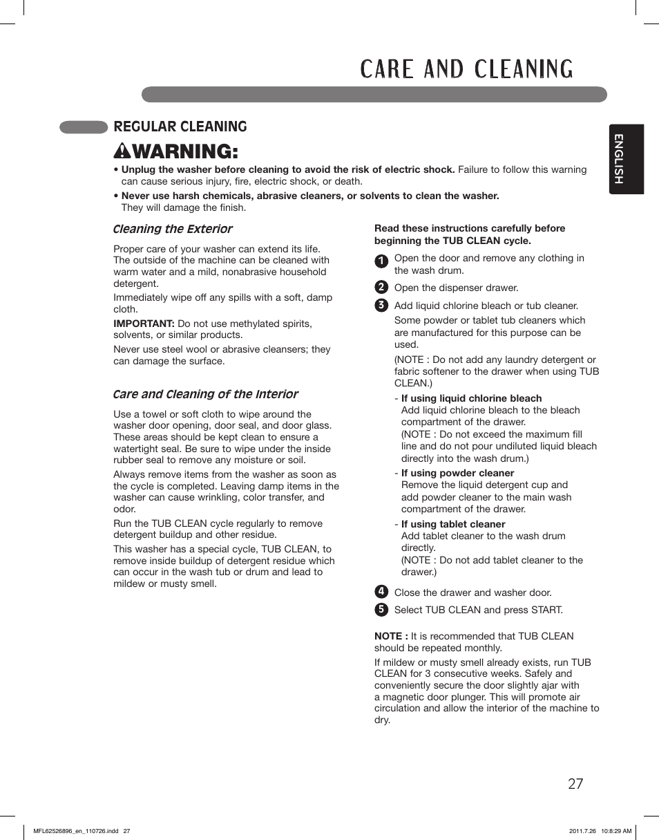 Wwarning, Regular cleaning | LG WM3360HVCA User Manual | Page 27 / 72