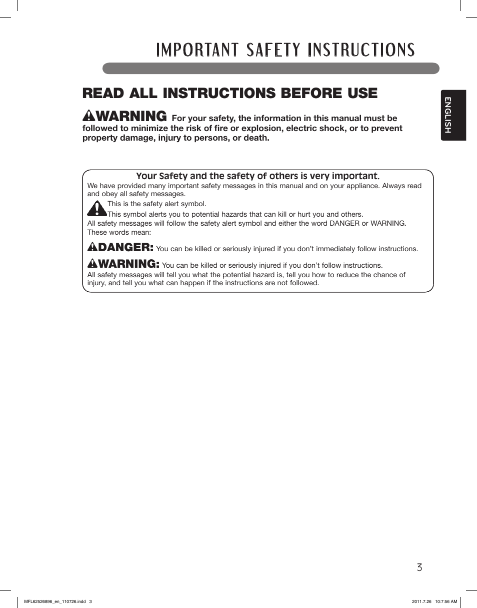 Wwarning, Read all instructions before use, Wdanger | LG WM3360HVCA User Manual | Page 3 / 72