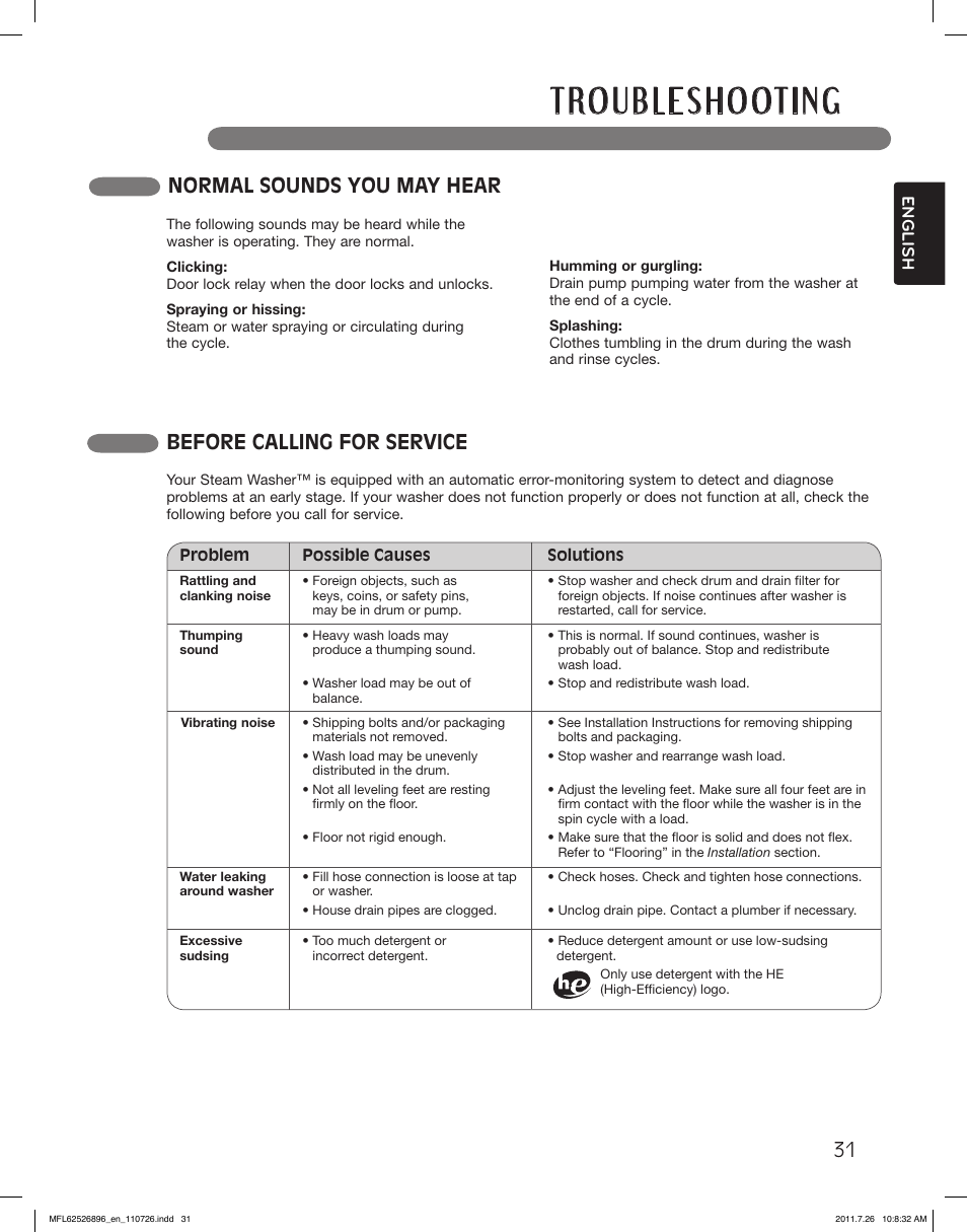 Normal sounds you may hear, Before calling for service | LG WM3360HVCA User Manual | Page 31 / 72