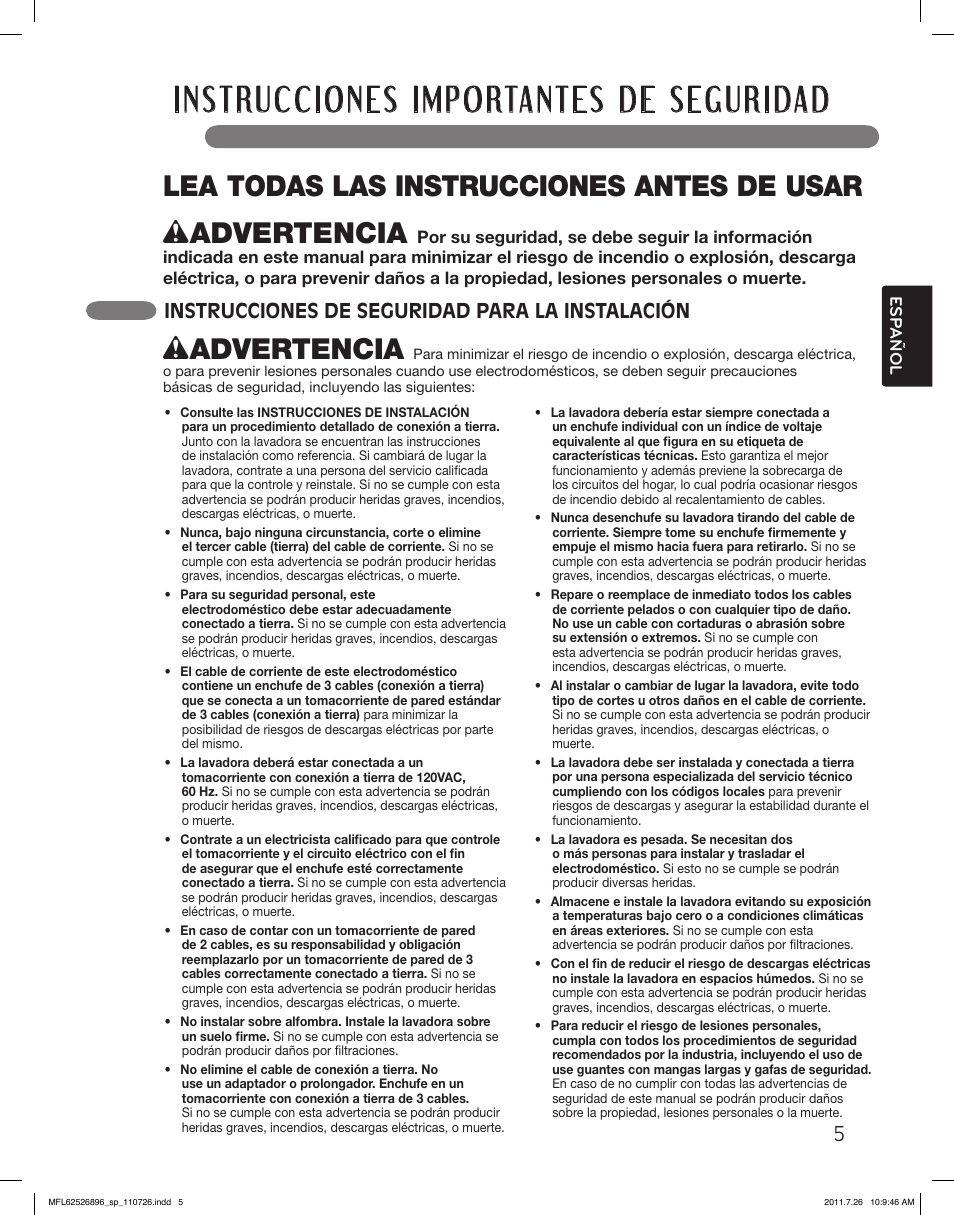 Wadvertencia, Instrucciones de seguridad para la instalación | LG WM3360HVCA User Manual | Page 41 / 72