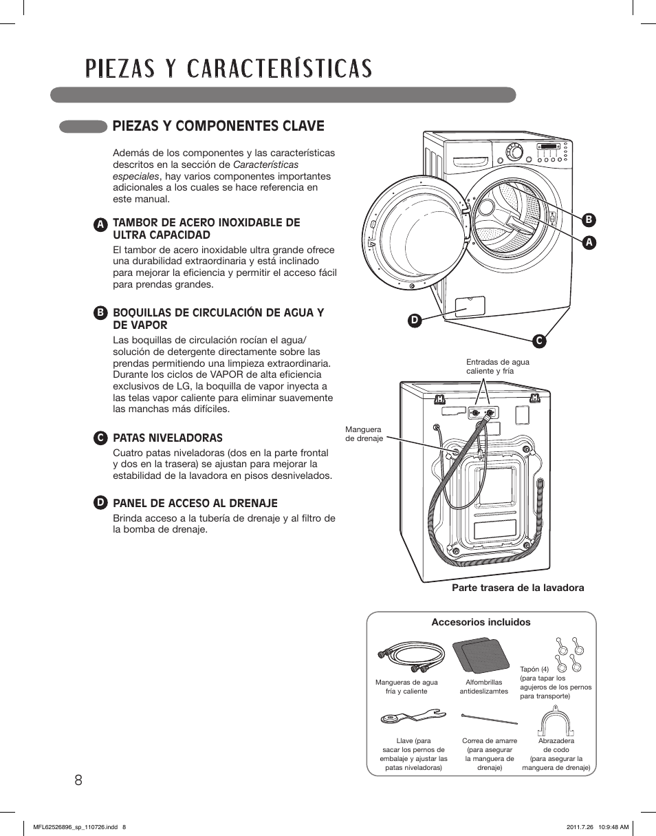 Piezas y componentes clave | LG WM3360HVCA User Manual | Page 44 / 72