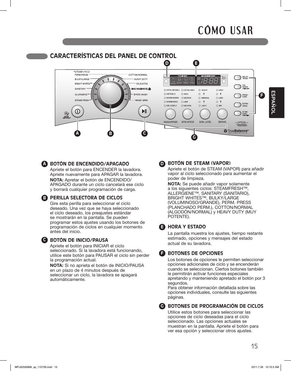 Características del panel de control | LG WM3360HVCA User Manual | Page 51 / 72
