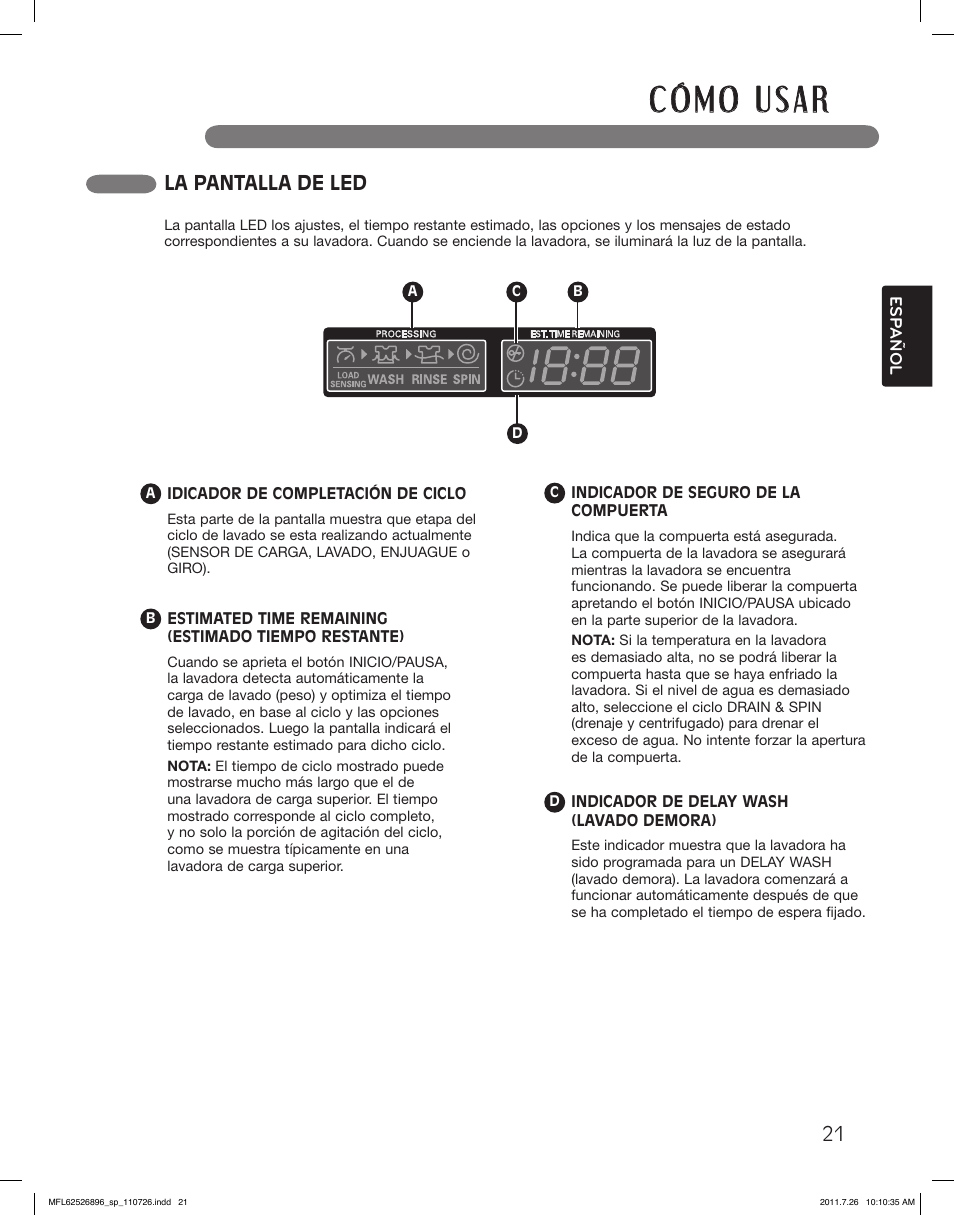 La pantalla de led | LG WM3360HVCA User Manual | Page 57 / 72