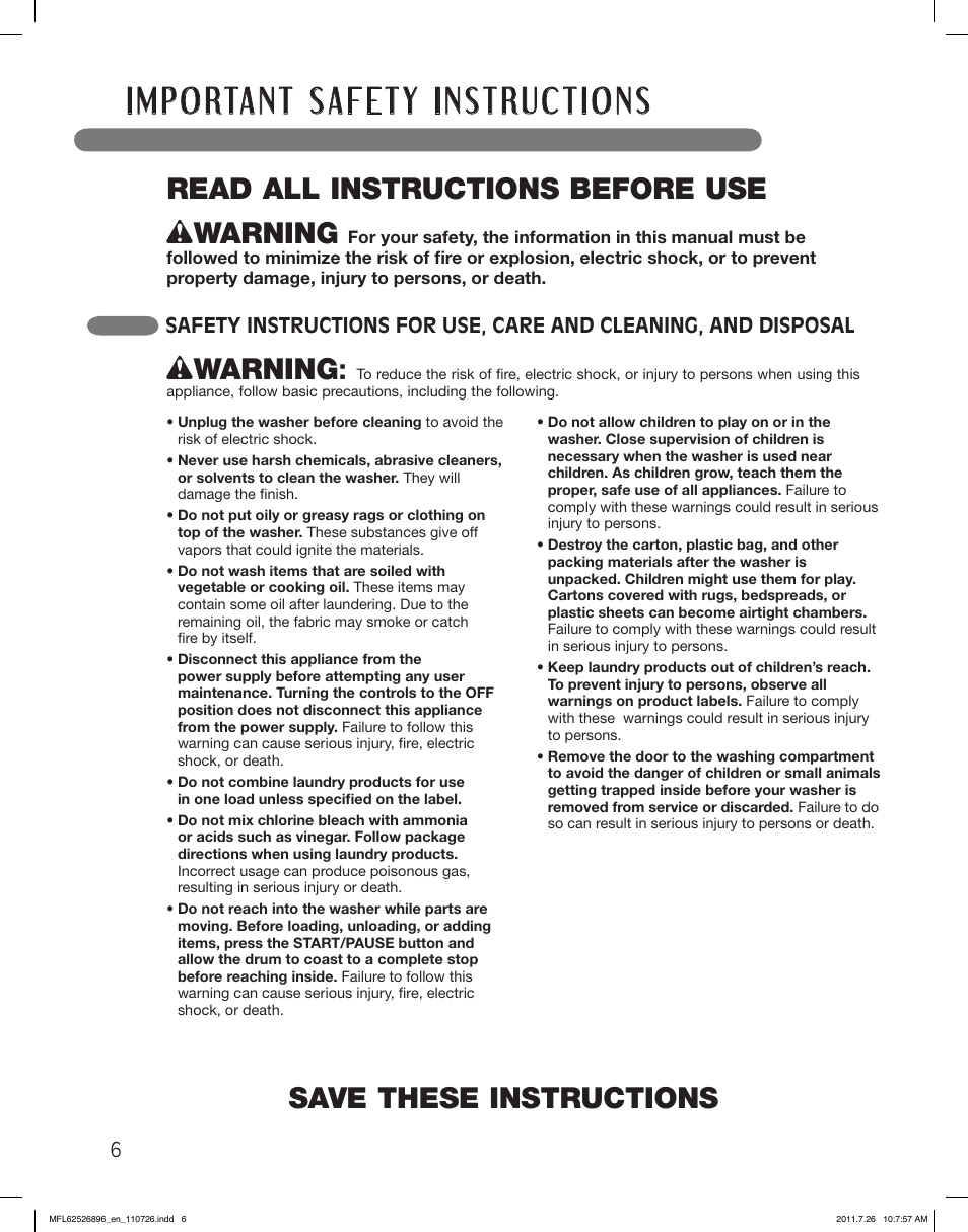 Wwarning | LG WM3360HVCA User Manual | Page 6 / 72