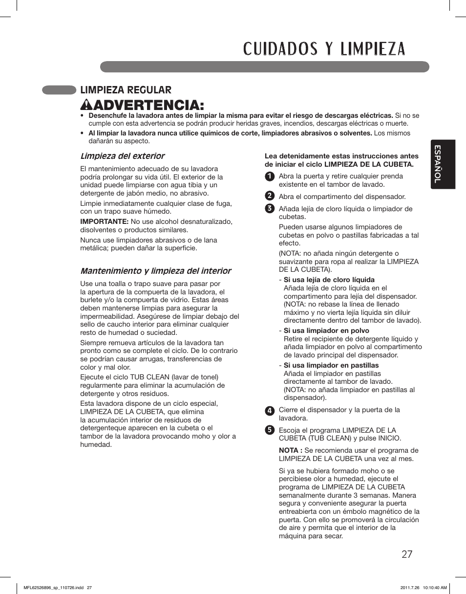 Wadvertencia, Limpieza regular | LG WM3360HVCA User Manual | Page 63 / 72