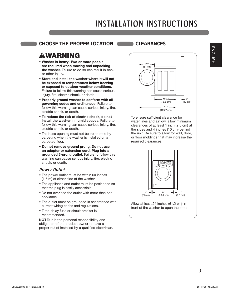 Wwarning, Choose the proper location clearances | LG WM3360HVCA User Manual | Page 9 / 72
