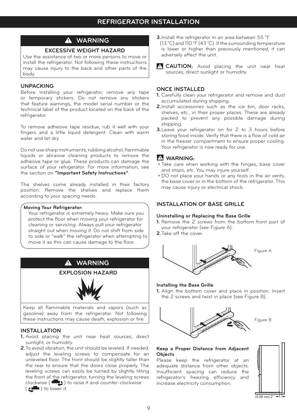 Refrigerator installation warning, Warning | LG LFC25765SW User Manual | Page 10 / 32
