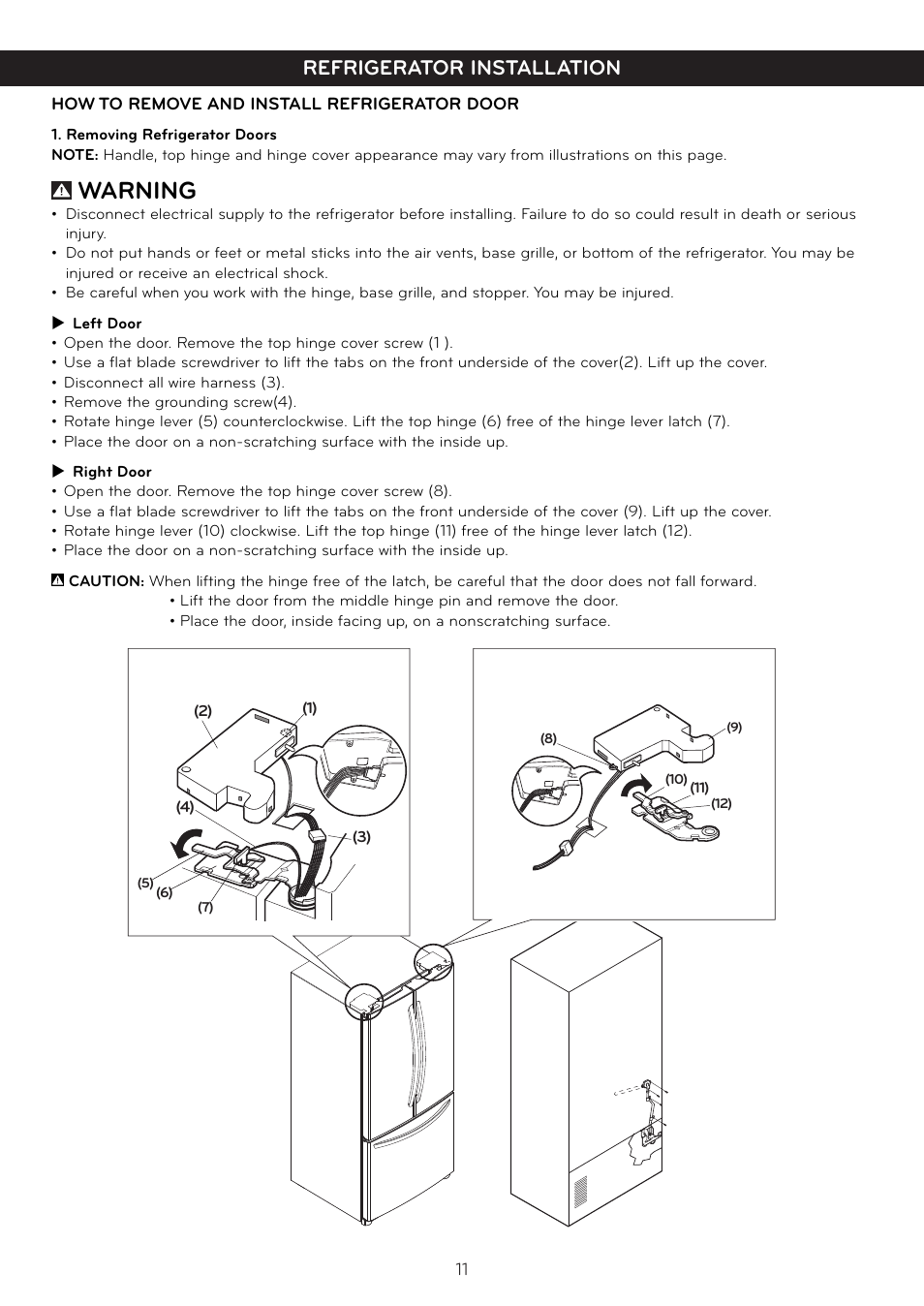 Warning, Refrigerator installation | LG LFC25765SW User Manual | Page 12 / 32
