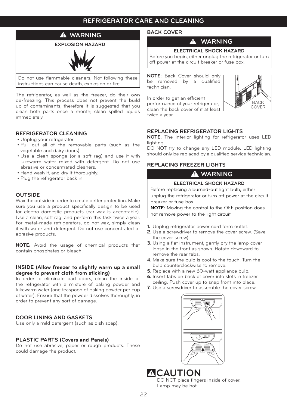 Caution, Warning, Refrigerator care and cleaning | LG LFC25765SW User Manual | Page 23 / 32