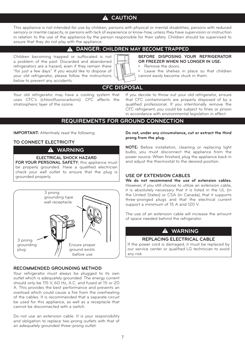 Important safety instructions, Warning, Caution danger | Cfc disposal requirements for ground connection | LG LFC25765SW User Manual | Page 8 / 32