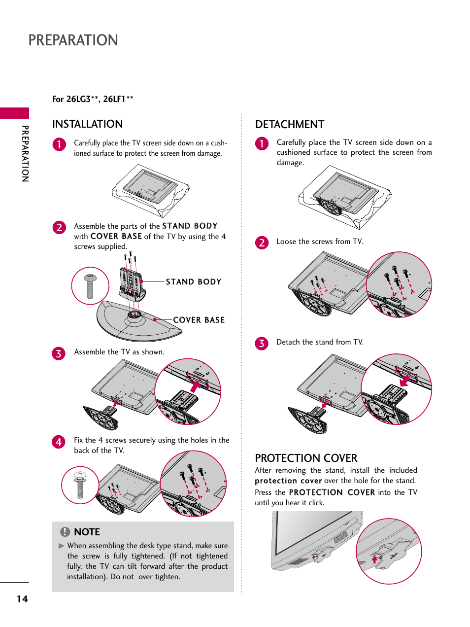 Preparation, Installation, Detachment | Protection cover | LG 22LG31 User Manual | Page 16 / 116