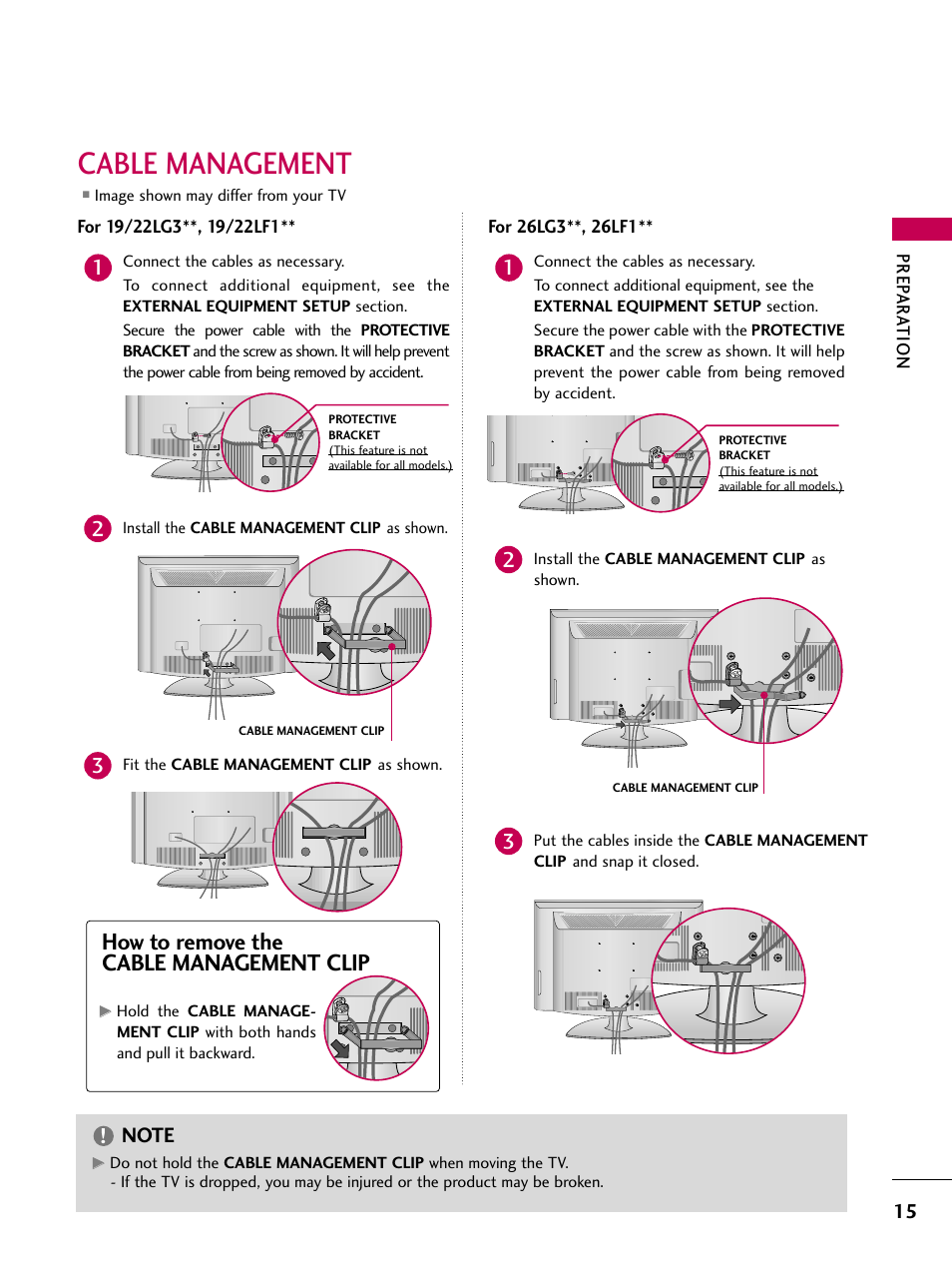 Cable management, How to remove the cable management clip | LG 22LG31 User Manual | Page 17 / 116